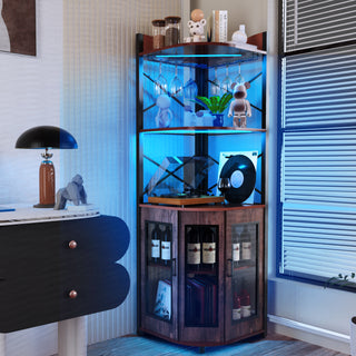 EVMORE 5 Tier Corner Bar Cabinet with Power Outlet, LED Lights, Wine Rack Display Shelves & Glass Holder, Storage Cabinet Corner Shelf For Living Room Kitchen