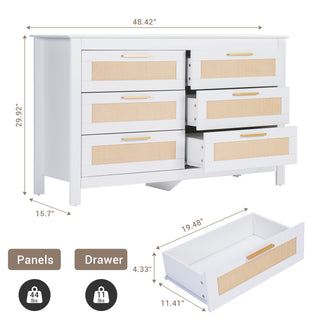 6-Drawer Rattan Dresser, Chest of Dressers, Wooden Long Storage Cabinet Bedside Table TV Stand for Bedroom, Living Room and Entryway
