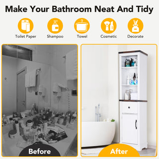 Bathroom Storage Cabinet, 6-Tier Tall Narrow Bathroom Cabinet Freestanding Tower with Adjustable Shelves and Doors for Bathroom, Living Room, Home Office