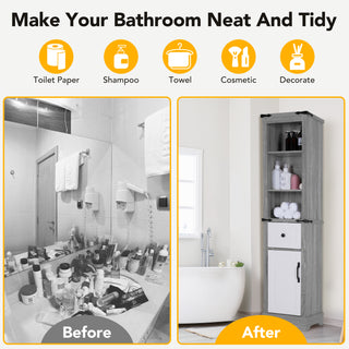 Bathroom Storage Cabinet, 6-Tier Tall Narrow Bathroom Cabinet Freestanding Tower with Adjustable Shelves and Doors for Bathroom, Living Room, Home Office