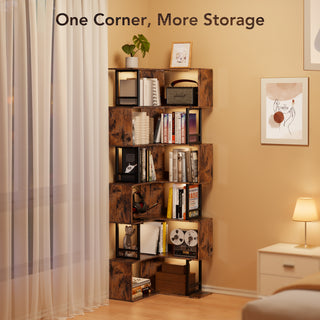 6-Tier Geometric Bookshelf, Corner Bookcase for Living Room, Home Office, or Bedroom, Rustic Industrial Design and Heavy-Duty Storage Organizer - Brown