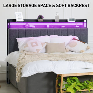 Queen Size Headboard with Storage / Outlets / USB Ports & RGB LED Light, Height Adjustable Comfortable Upholstered Headboards, Easy Assembly
