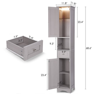 68.6"H Tall Bathroom Storage Cabinet with LED Lights, Tall Narrow Cabinet Freestanding Modern Linen Tower with Doors, Drawer & Adjustable Shelves for Bathroom, Living Room, Home Office - Gray