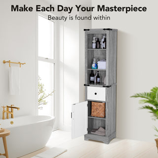 Bathroom Storage Cabinet, 6-Tier Tall Narrow Bathroom Cabinet Freestanding Tower with Adjustable Shelves and Doors for Bathroom, Living Room, Home Office