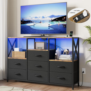EVMORE 7 Drawer Dresser, 52"W TV Dressers for Bedroom, TV Stand for 65" TVs with Power Outlets & LED Lights, Chest of Drawers Storage Organizer - Black