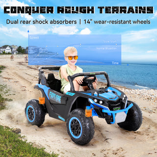 4WD Kids Ride on Car,24V Electric Off-Road UTV Truck,20" Spacious 2 Seat,7Ah Large Battery Electric Car with Remote Control,Safety Belt,Horn,Music,and Lights for Kids Aged 3-8 Years Blue
