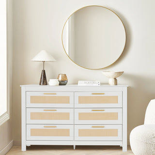 6-Drawer Rattan Dresser, Chest of Dressers, Wooden Long Storage Cabinet Bedside Table TV Stand for Bedroom, Living Room and Entryway