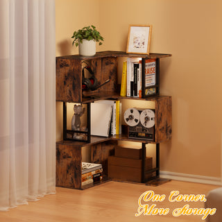 3-Tier Geometric Bookshelf, Corner Bookcase for Living Room, Home Office, or Bedroom, Rustic Industrial Design/Space-Saving Storage Organizer-Brown