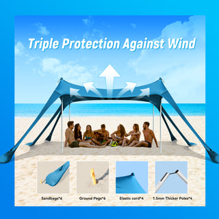 10x10ft 8-10 Person Beach Tent Canopy with 6 Sandbags, UPF50+ Sun Shade Portable Outdoor Sun Shelter Beach Tents, Easy Setup for Camping Trips, Fishing, Backyard Fun and Picnics - Navy