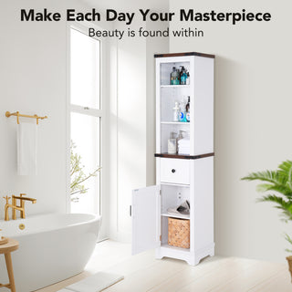Bathroom Storage Cabinet, 6-Tier Tall Narrow Bathroom Cabinet Freestanding Tower with Adjustable Shelves and Doors for Bathroom, Living Room, Home Office