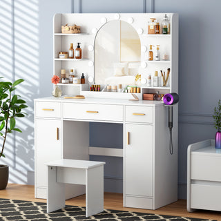 Large Vanity Desk with LED Lighted Mirror, Power Outlet, Drawers, Makeup Vanity Table Set with Stool and Hair Dryer Rack - White
