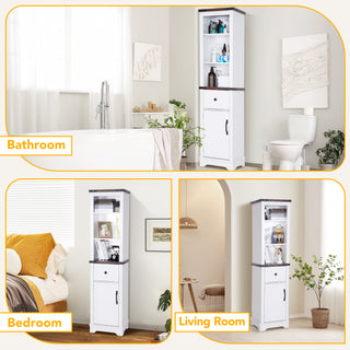 Bathroom Storage Cabinet, 6-Tier Tall Narrow Bathroom Cabinet Freestanding Tower with Adjustable Shelves and Doors for Bathroom, Living Room, Home Office