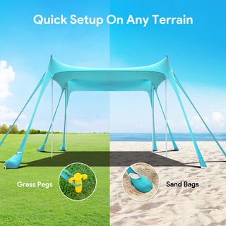 10x10ft 8-10 Person Beach Tent Canopy with 8 Sandbags, UPF50+ Sun Shade Portable Sun Shelter Tents, Easy Setup for Camping Trips, Fishing, Backyard Fun and Picnics