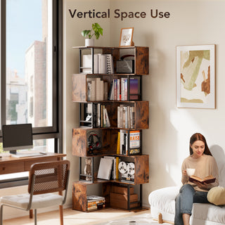 6-Tier Geometric Bookshelf, Corner Bookcase for Living Room, Home Office, or Bedroom, Rustic Industrial Design and Heavy-Duty Storage Organizer - Brown