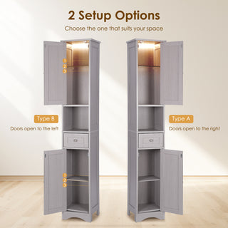 68.6"H Tall Bathroom Storage Cabinet with LED Lights, Tall Narrow Cabinet Freestanding Modern Linen Tower with Doors, Drawer & Adjustable Shelves for Bathroom, Living Room, Home Office - Gray