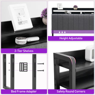Queen Size Headboard with Storage / Outlets / USB Ports & RGB LED Light, Height Adjustable Comfortable Upholstered Headboards, Easy Assembly
