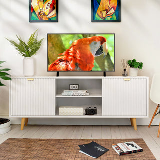 TV Stand for TVs up to 65" with Sliding Fluted-Doors, Modern Entertainment Center with Storage Cabinets and Shelves for Living Room