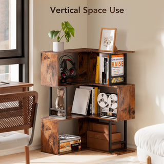 3-Tier Geometric Bookshelf, Corner Bookcase for Living Room, Home Office, or Bedroom, Rustic Industrial Design/Space-Saving Storage Organizer-Brown