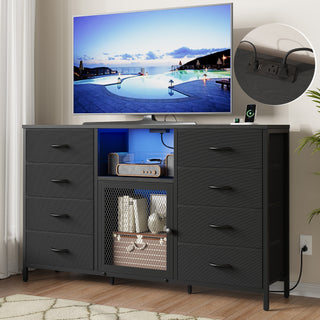 EVMORE 8 Drawer Dresser, 52"W TV Dressers for Bedroom, TV Stand for 65" TVs with Power Outlets LED Lights, Fabric Chest of Drawers Storage Organizer - Black