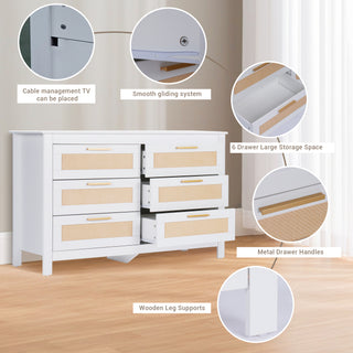 6-Drawer Rattan Dresser, Chest of Dressers, Wooden Long Storage Cabinet Bedside Table TV Stand for Bedroom, Living Room and Entryway