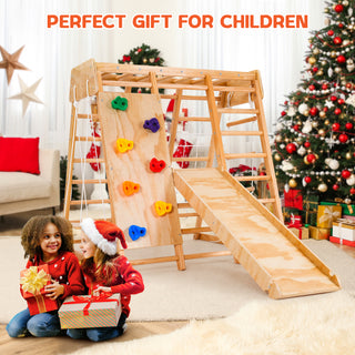 8 in 1 Indoor Playground Jungle Gym Montessori Wood Toddler Climber, Baby Climbing Toys Sports Climber Backyard Playset for Children Kids 2-8yrs, Natural Color
