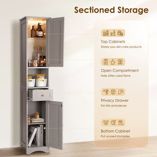 68.6"H Tall Bathroom Storage Cabinet with LED Lights, Tall Narrow Cabinet Freestanding Modern Linen Tower with Doors, Drawer & Adjustable Shelves for Bathroom, Living Room, Home Office - Gray