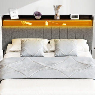 Queen Size Headboard with Storage / Outlets / USB Ports & RGB LED Light, Height Adjustable Comfortable Upholstered Headboards, Easy Assembly