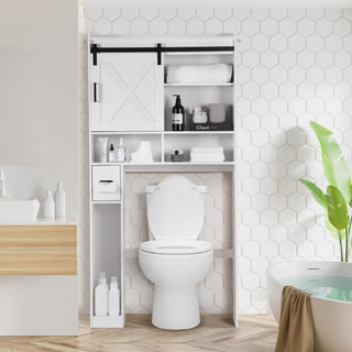Over The Toilet Storage Cabinet,Farmhouse Storage Cabinet Over The Toilets Shelf with 2 Barn Door & Toilet Paper Holder Stand,Home Space-Saving Toilet Rack,Bathroom Cabinets for Bathroom,Laundry