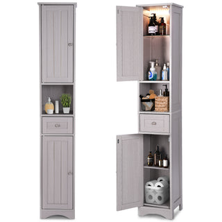 68.6"H Tall Bathroom Storage Cabinet with LED Lights, Tall Narrow Cabinet Freestanding Modern Linen Tower with Doors, Drawer & Adjustable Shelves for Bathroom, Living Room, Home Office - Gray