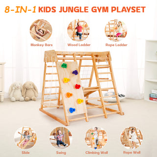 8 in 1 Indoor Playground Jungle Gym Montessori Wood Toddler Climber, Baby Climbing Toys Sports Climber Backyard Playset for Children Kids 2-8yrs, Natural Color