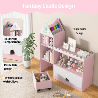 Kids Wood Castle Bookshelf, Toy Storage Organizer Children Bookcase Nursery, Playroom, Living Room