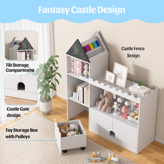 Kids Wood Castle Bookshelf, Toy Storage Organizer Children Bookcase Nursery, Playroom, Living Room