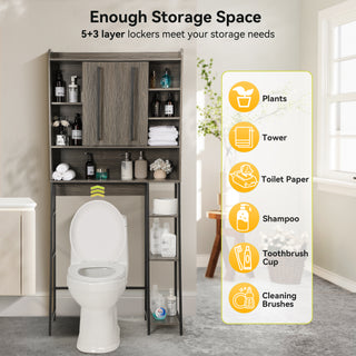 Over-the-Toilet Storage Cabinet with Adjustable Shelves, 66.9" H Freestanding Bathroom Organizer, Anti-Tip Design, Grey Walnut