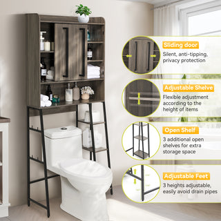 Over-the-Toilet Storage Cabinet with Adjustable Shelves, 66.9" H Freestanding Bathroom Organizer, Anti-Tip Design, Grey Walnut