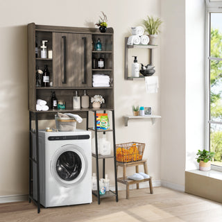 Over-the-Toilet Storage Cabinet with Adjustable Shelves, 66.9" H Freestanding Bathroom Organizer, Anti-Tip Design, Grey Walnut