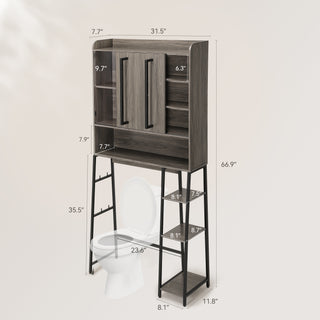 Over-the-Toilet Storage Cabinet with Adjustable Shelves, 66.9" H Freestanding Bathroom Organizer, Anti-Tip Design, Grey Walnut