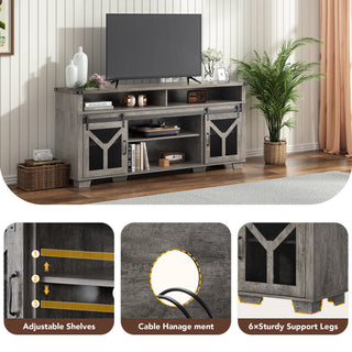 Farmhouse TV Stand for 75 inch TVs with LED Lights, Entertainment Center Media Console Storage Cabinet with Sliding Barn Doors and Adjustable Shelves for Living Room Bedroom