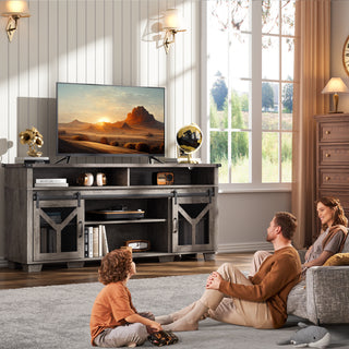 Farmhouse TV Stand for 75 inch TVs with LED Lights, Entertainment Center Media Console Storage Cabinet with Sliding Barn Doors and Adjustable Shelves for Living Room Bedroom