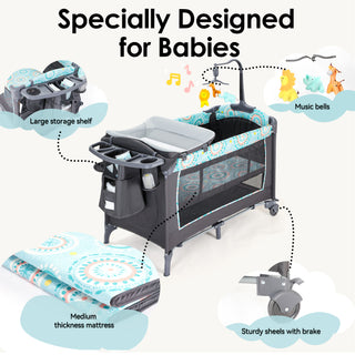 5-in-1 Foldable Baby Bedside Bassinet, Baby Bed Playard with Changing Table, Storage Shelf, Music and Carry Bag for Newborn Toddlers, 0-36 Months
