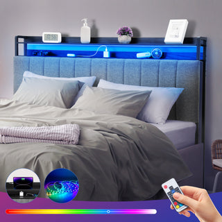 EVMORE Queen Size Headboard with Storage / Outlets / USB Ports & RGB LED Light, Height Adjustable Comfortable Upholstered Headboards, Easy Assembly
