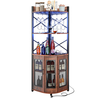 5 Tier Corner Bar Cabinet with Power Outlet, LED Lights, Wine Rack Display Shelves & Glass Holder, Storage Cabinet Corner Shelf For Living Room Kitchen