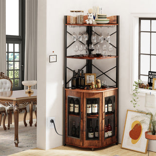 5 Tier Corner Bar Cabinet with Power Outlet, LED Lights, Wine Rack Display Shelves & Glass Holder, Storage Cabinet Corner Shelf For Living Room Kitchen