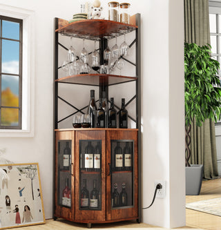 5 Tier Corner Bar Cabinet with Power Outlet, LED Lights, Wine Rack Display Shelves & Glass Holder, Storage Cabinet Corner Shelf For Living Room Kitchen