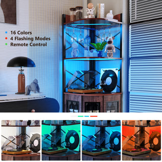 5 Tier Corner Bar Cabinet with Power Outlet, LED Lights, Wine Rack Display Shelves & Glass Holder, Storage Cabinet Corner Shelf For Living Room Kitchen
