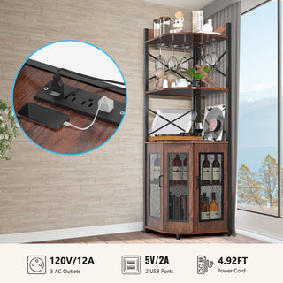 5 Tier Corner Bar Cabinet with Power Outlet, LED Lights, Wine Rack Display Shelves & Glass Holder, Storage Cabinet Corner Shelf For Living Room Kitchen