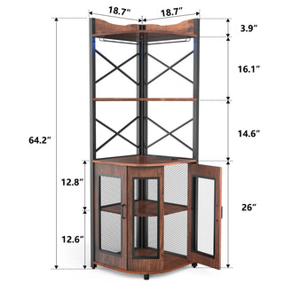 5 Tier Corner Bar Cabinet with Power Outlet, LED Lights, Wine Rack Display Shelves & Glass Holder, Storage Cabinet Corner Shelf For Living Room Kitchen
